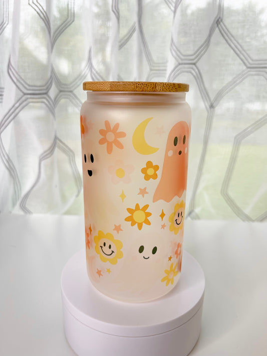 Cute Friendly Autumn Ghost glass cup, Cute Flowers cup