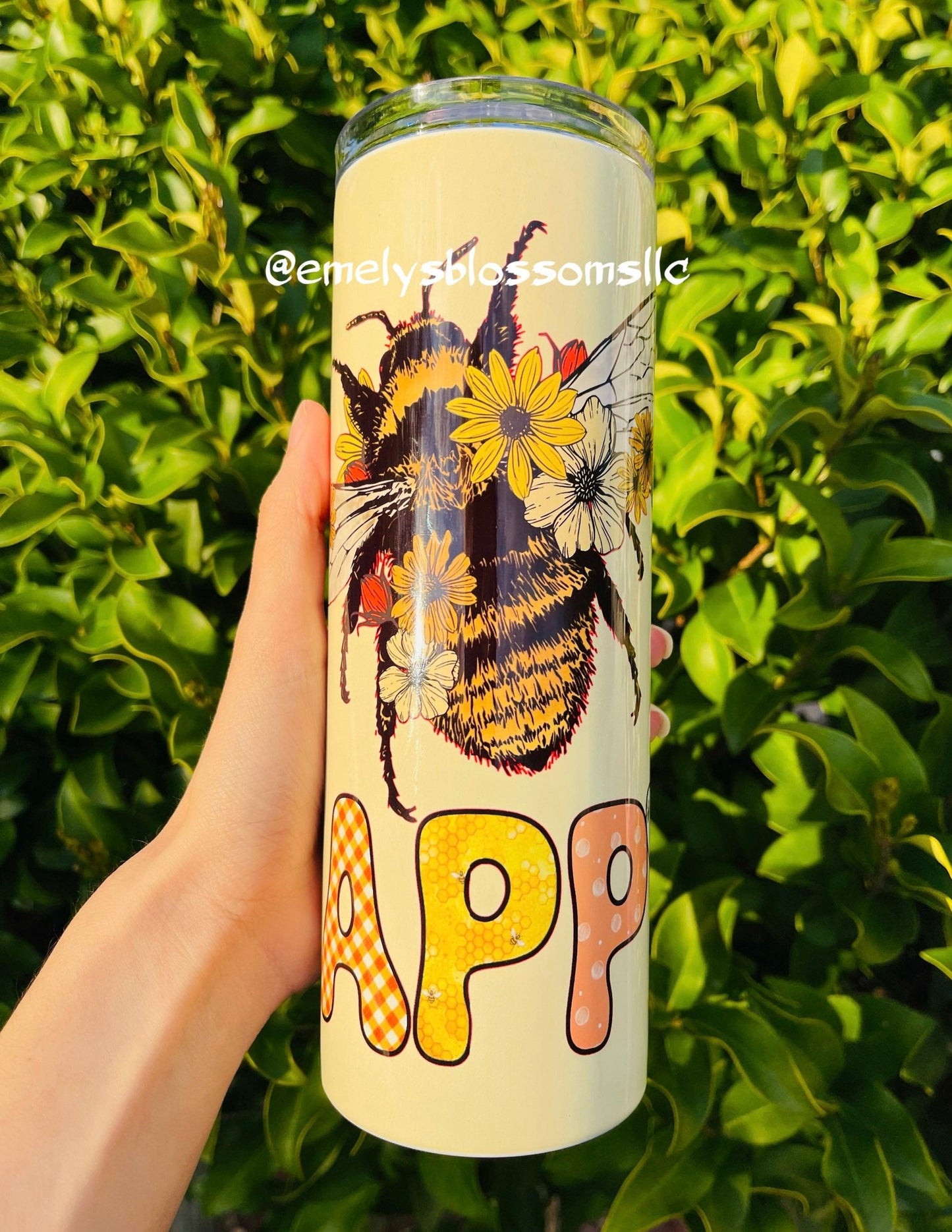 Bee Happy tumbler | Stainless steel tumbler with straw | Cute Yellow Tumbler | Bee tumbler | Bee Happy | Trendy Tumbler | Flowers| happiness