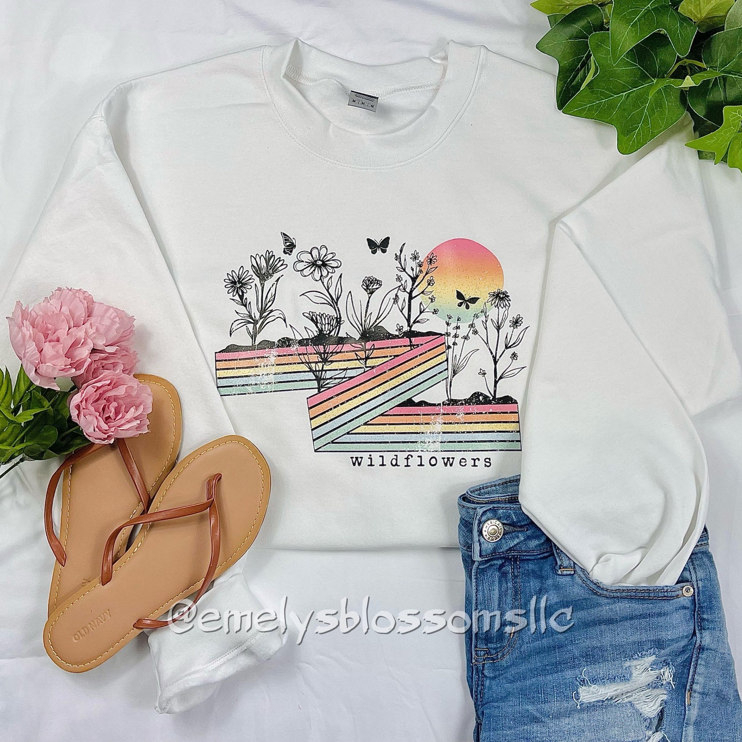 Rainbow wildflowers crewneck | Trendy Wildflowers | Rainbow | Butterflies | Flowers | ombré sun | plants | Colorful