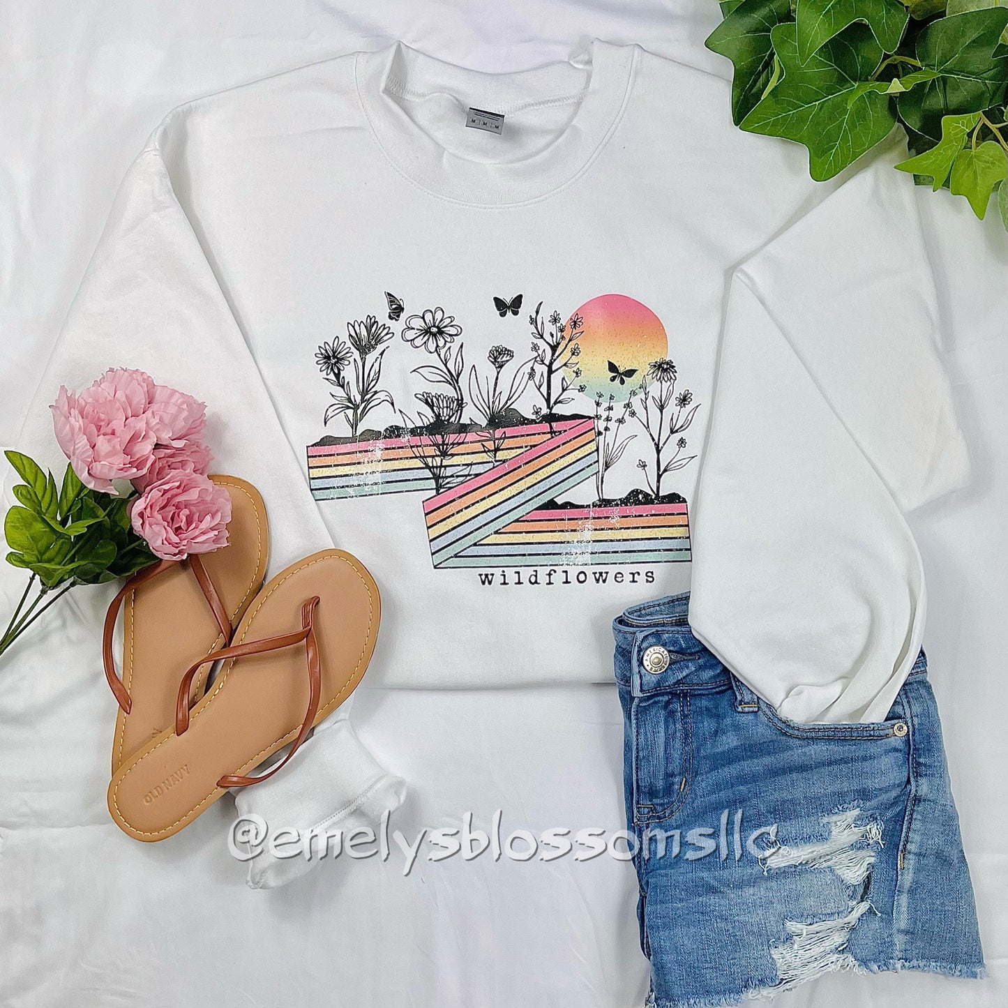 Rainbow wildflowers crewneck | Trendy Wildflowers | Rainbow | Butterflies | Flowers | ombré sun | plants | Colorful