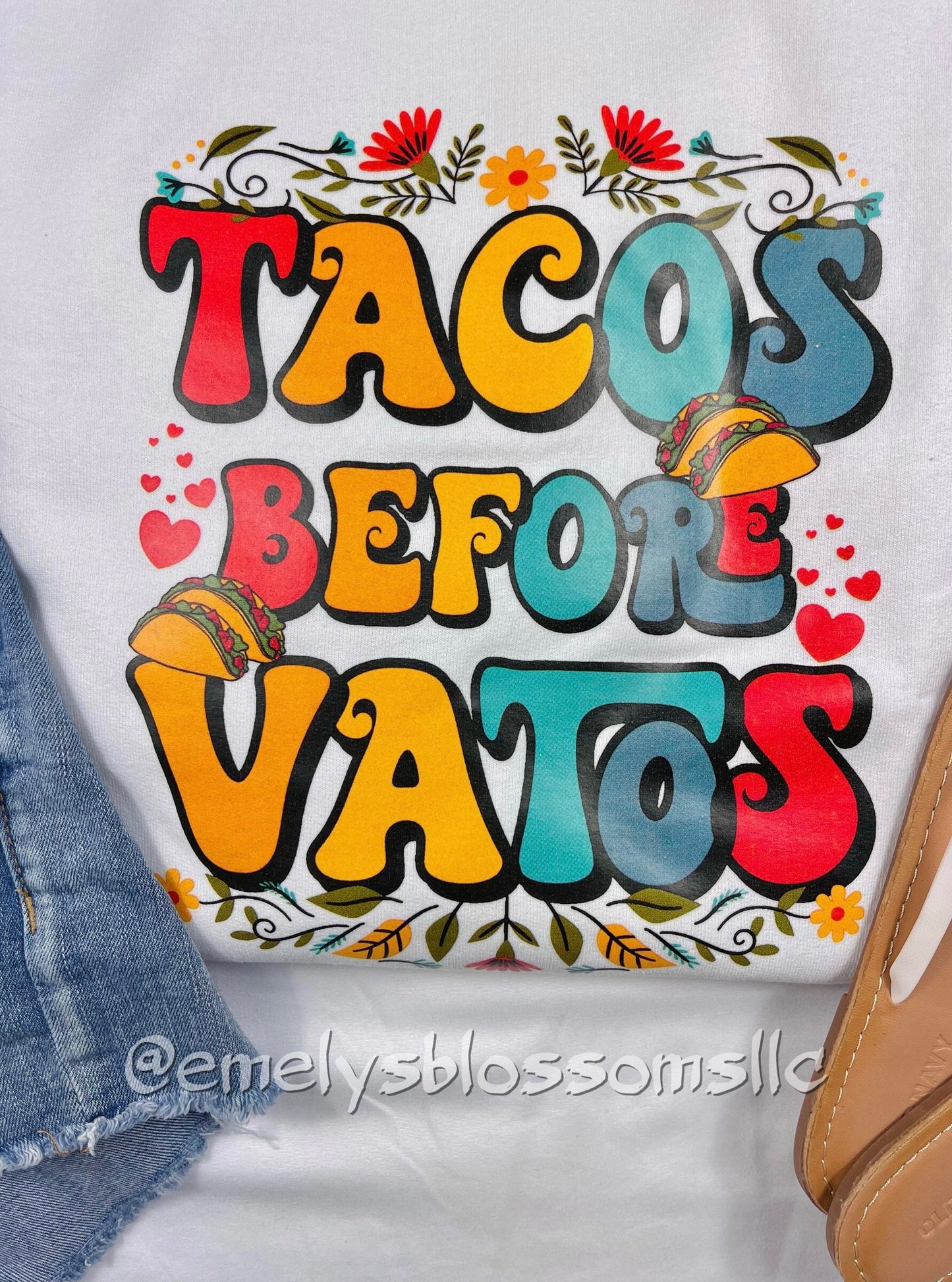 Tacos before Vatos crewneck | Taco Tuesday | Colorful | Flowers | Food | Tacos | Plants | Crewneck | Orange, Yellow, Teal, Dark blue, Red