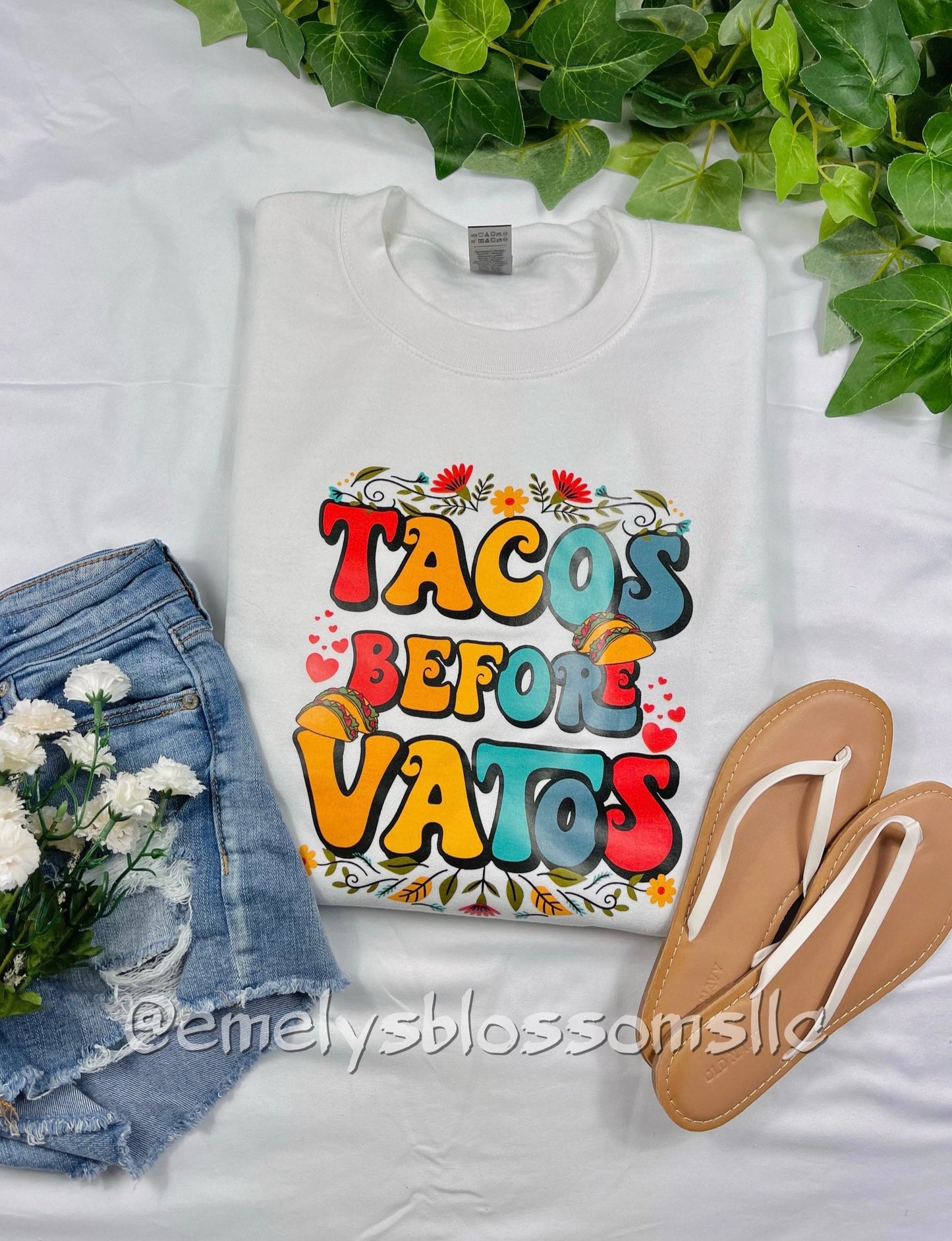 Tacos before Vatos crewneck | Taco Tuesday | Colorful | Flowers | Food | Tacos | Plants | Crewneck | Orange, Yellow, Teal, Dark blue, Red