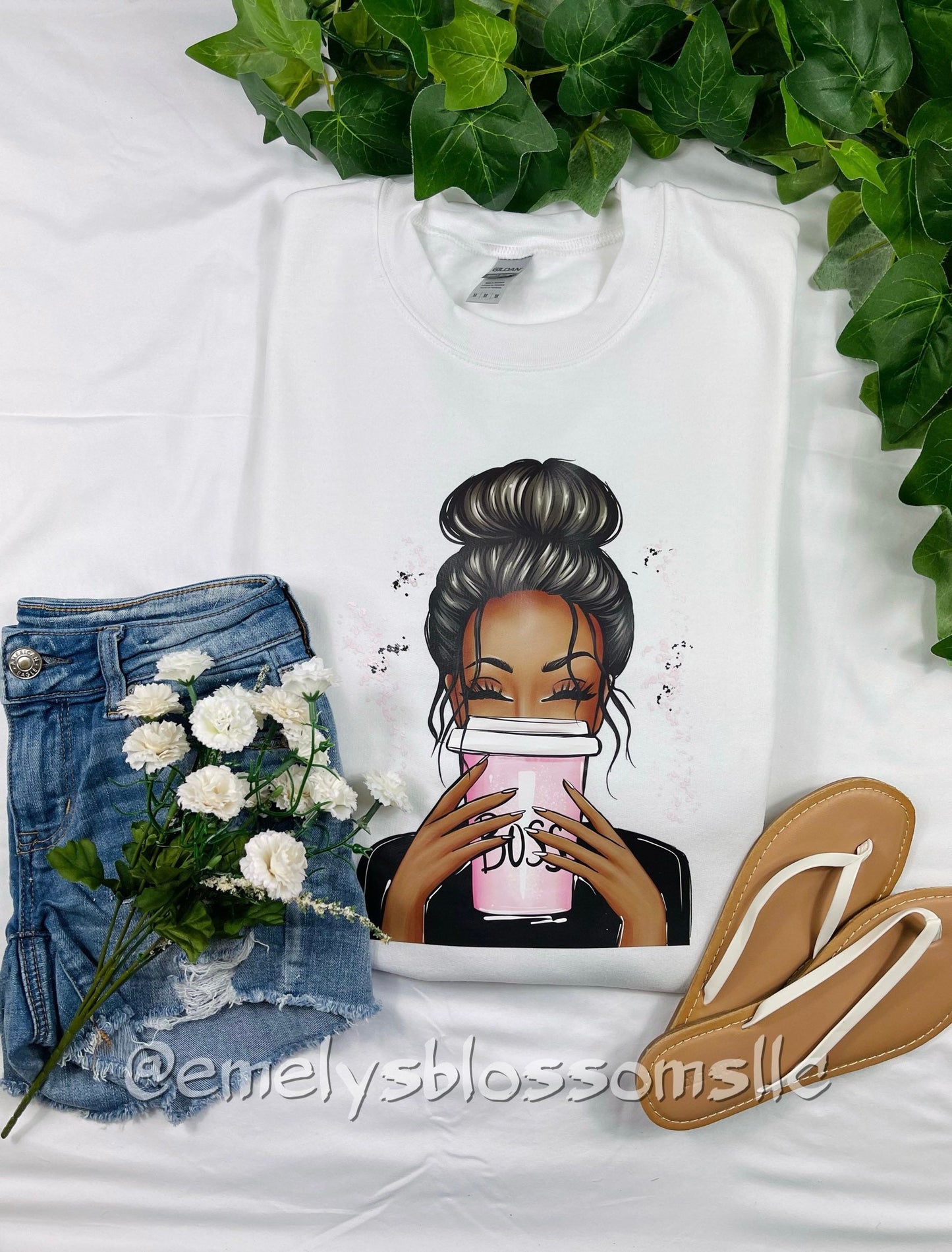 Melanin Boss Girl Crewneck | Boss babe | Coffee cup and boss girl top | Boss girl | Brown Skin Girl |