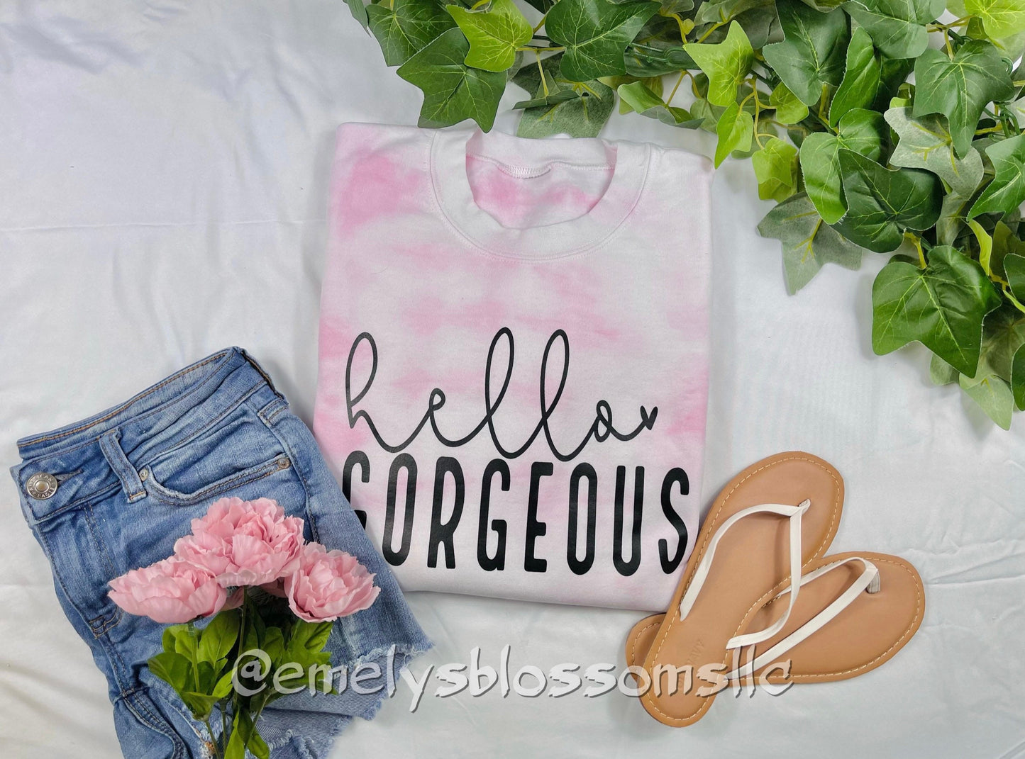 Hello Gorgeous Crewneck | Pink TieDye Crewneck | Inspirational | Positive vibes | Positive Affirmations | Self love | Cursive