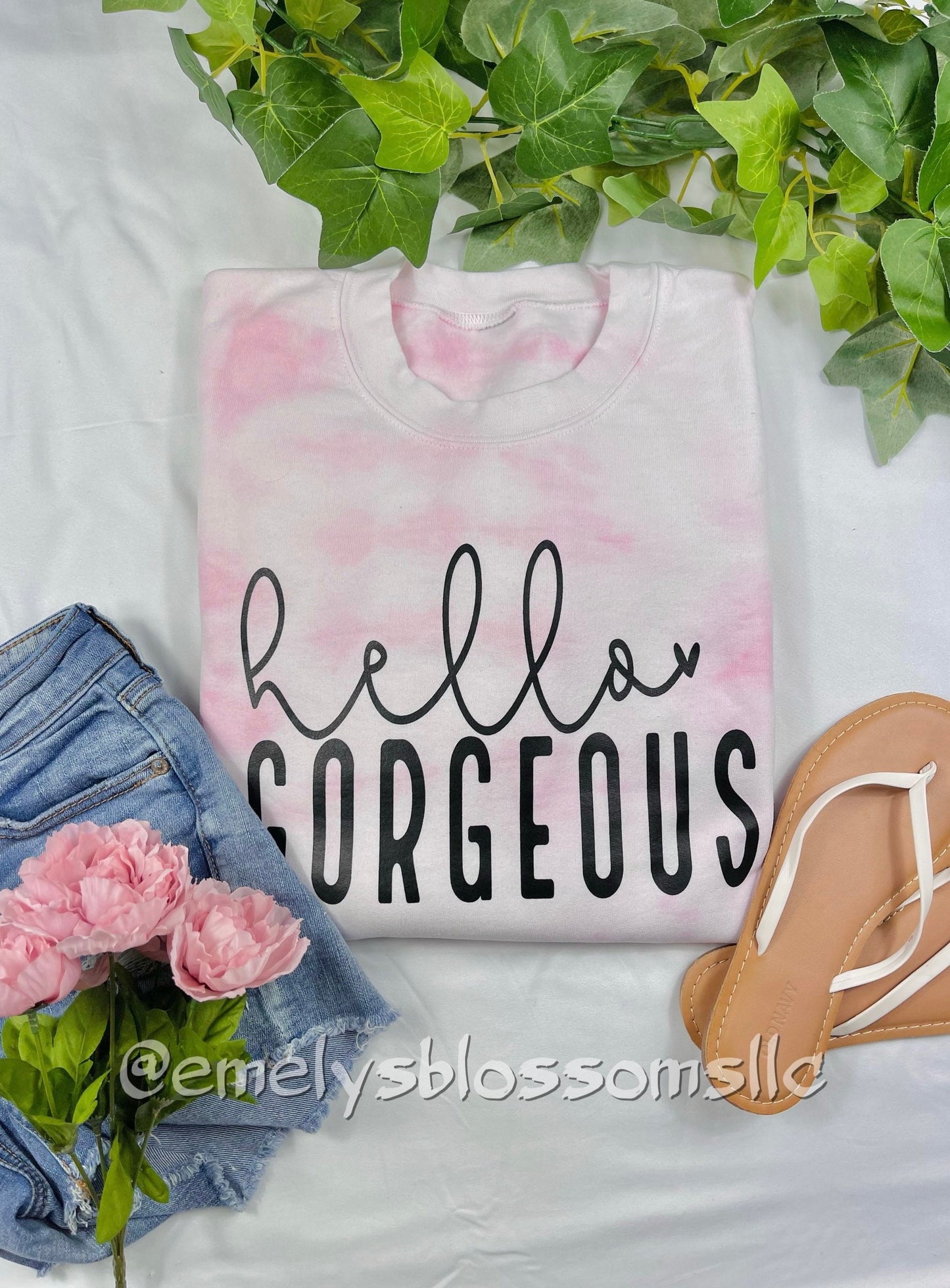 Hello Gorgeous Crewneck | Pink TieDye Crewneck | Inspirational | Positive vibes | Positive Affirmations | Self love | Cursive