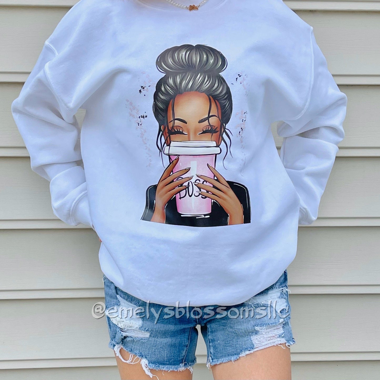 Melanin Boss Girl Crewneck | Boss babe | Coffee cup and boss girl top | Boss girl | Brown Skin Girl |