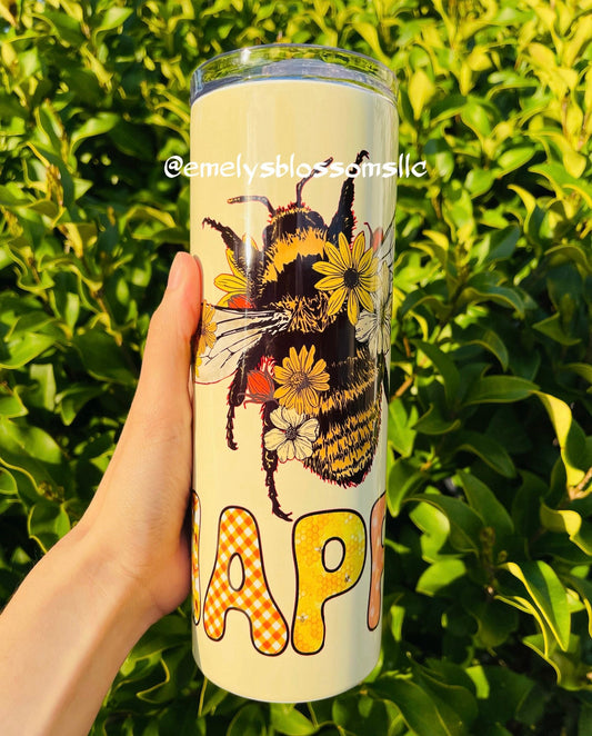 Bee Happy tumbler | Stainless steel tumbler with straw | Cute Yellow Tumbler | Bee tumbler | Bee Happy | Trendy Tumbler | Flowers| happiness