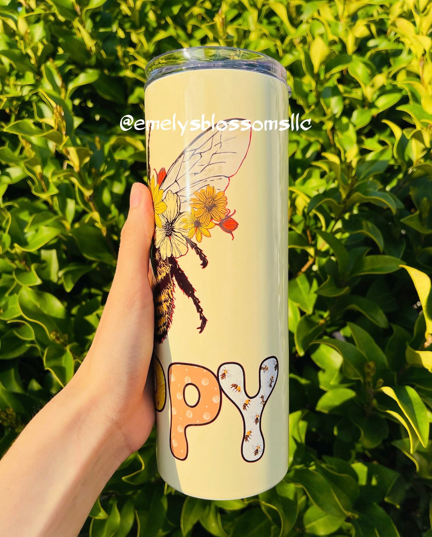 Bee Happy tumbler | Stainless steel tumbler with straw | Cute Yellow Tumbler | Bee tumbler | Bee Happy | Trendy Tumbler | Flowers| happiness