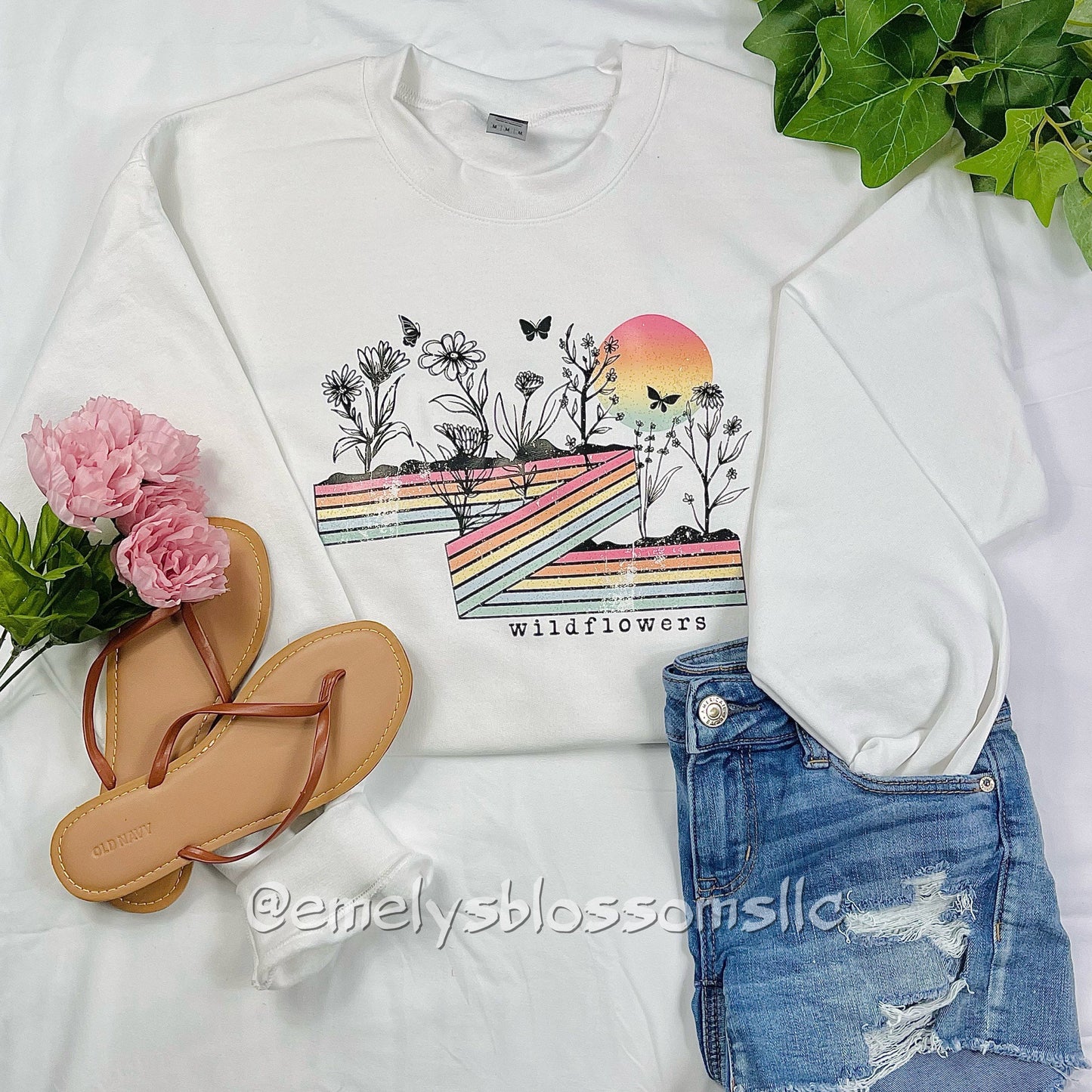 Rainbow wildflowers crewneck | Trendy Wildflowers | Rainbow | Butterflies | Flowers | ombré sun | plants | Colorful