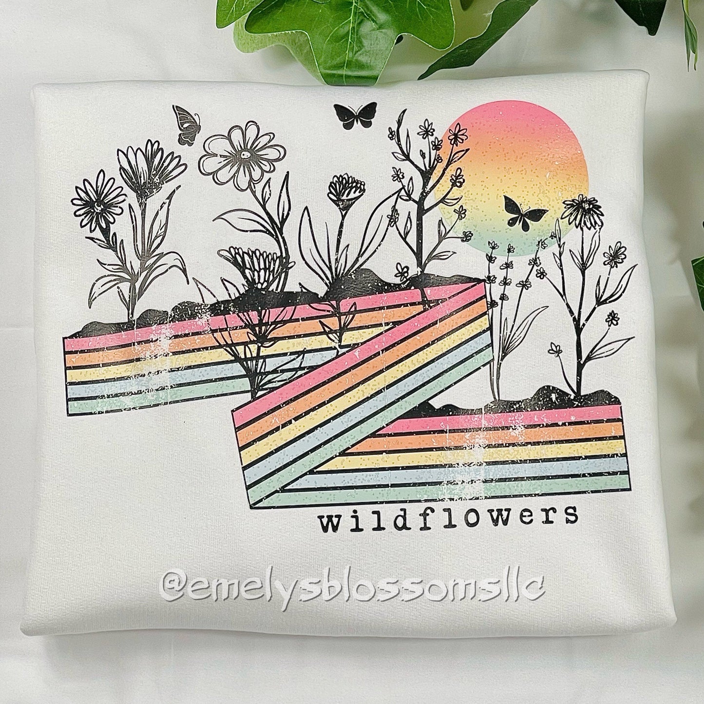 Rainbow wildflowers crewneck | Trendy Wildflowers | Rainbow | Butterflies | Flowers | ombré sun | plants | Colorful