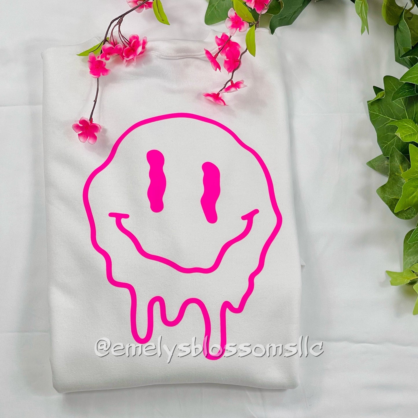 Melted Happy face crewneck | Melted | Hot Pink Smiling Face | Dripping Smiling Face | White Crewneck | Pink