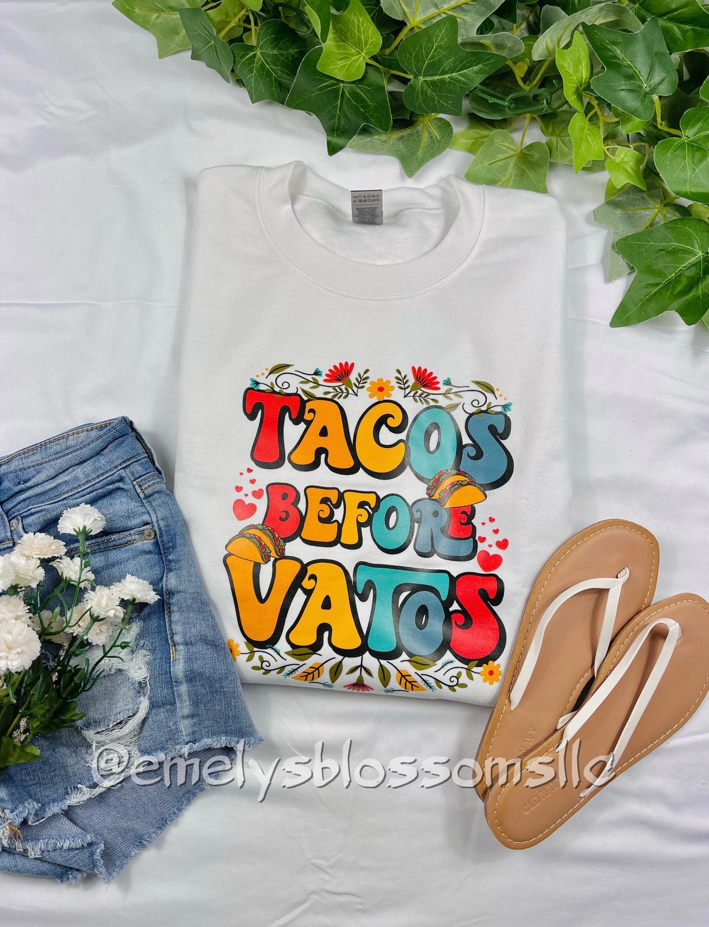 Tacos before Vatos crewneck | Taco Tuesday | Colorful | Flowers | Food | Tacos | Plants | Crewneck | Orange, Yellow, Teal, Dark blue, Red