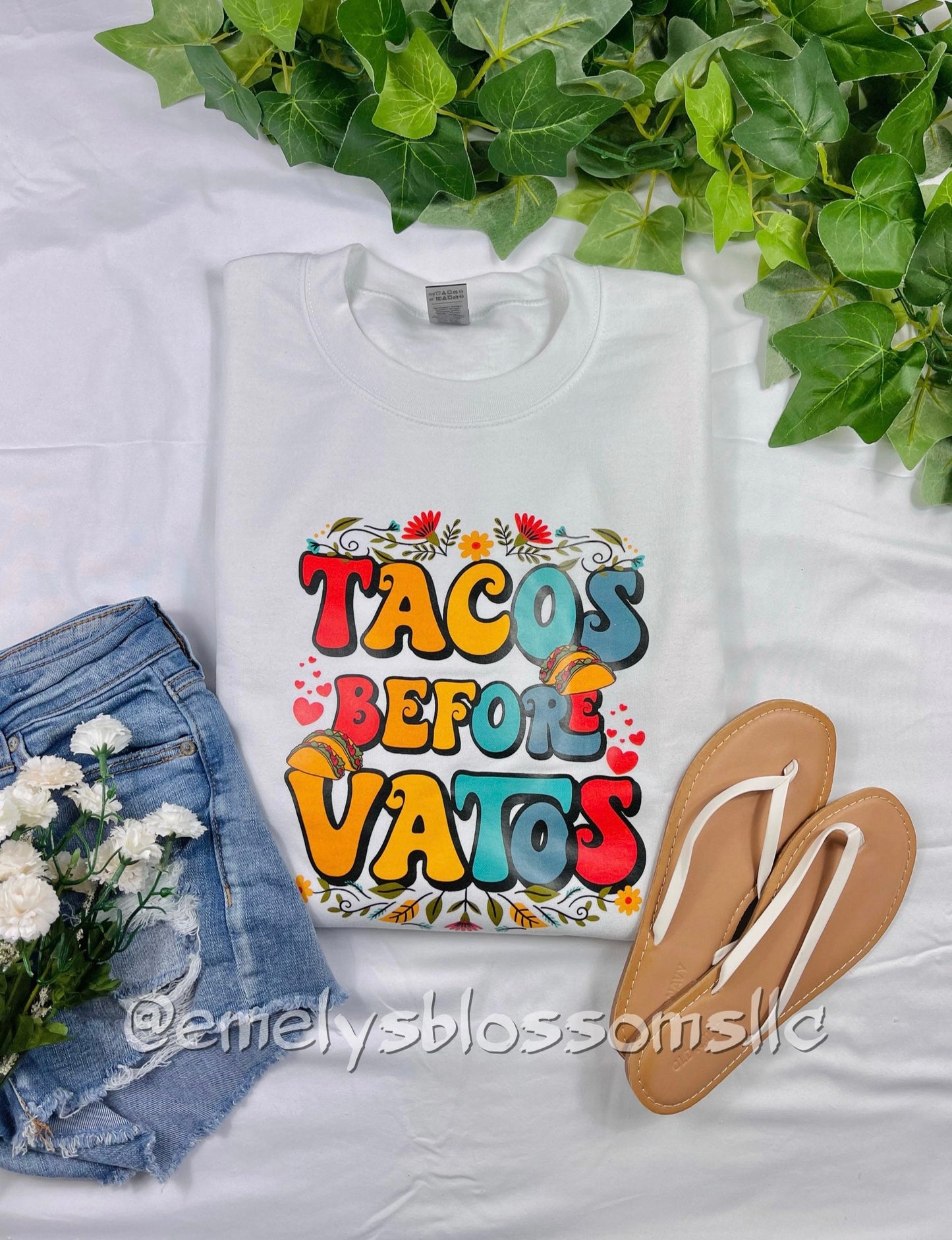 Tacos before Vatos crewneck | Taco Tuesday | Colorful | Flowers | Food | Tacos | Plants | Crewneck | Orange, Yellow, Teal, Dark blue, Red