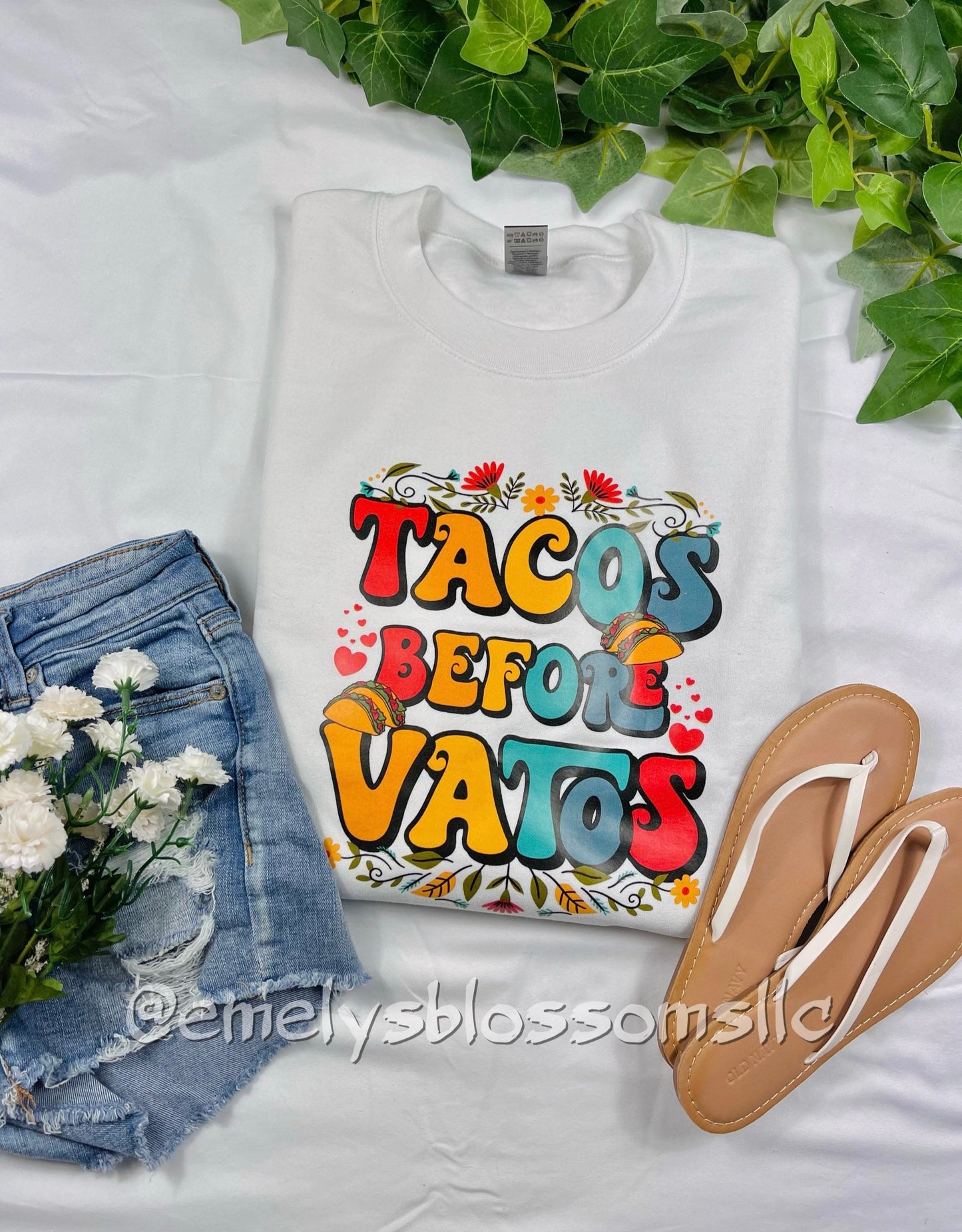 Tacos before Vatos crewneck | Taco Tuesday | Colorful | Flowers | Food | Tacos | Plants | Crewneck | Orange, Yellow, Teal, Dark blue, Red