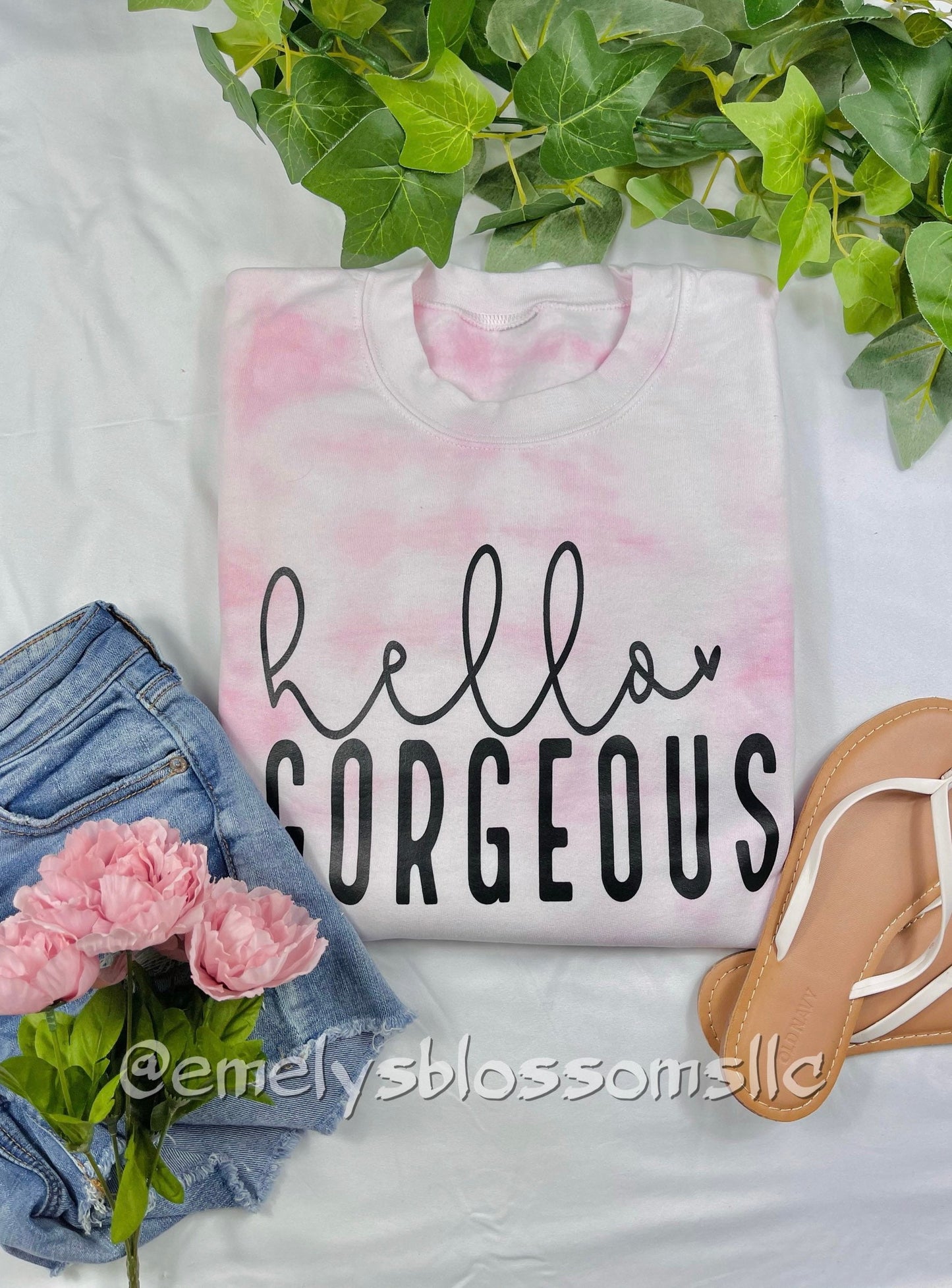 Hello Gorgeous Crewneck | Pink TieDye Crewneck | Inspirational | Positive vibes | Positive Affirmations | Self love | Cursive