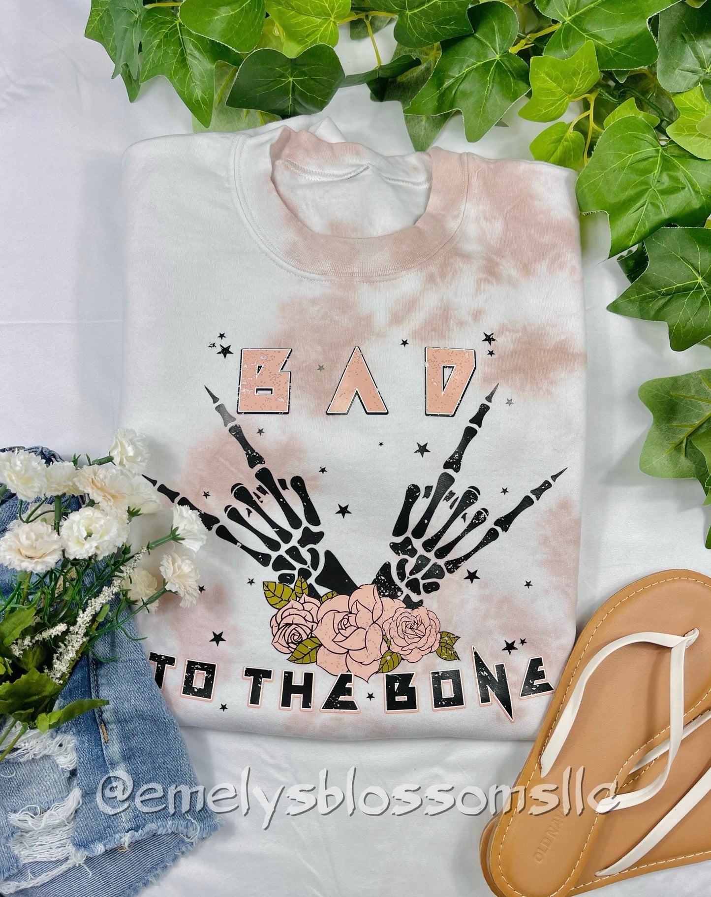 Bad to the Bone crewneck | Trendy TieDye crewneck | Skeleton hands | Pink Roses | Tan TieDye crewneck