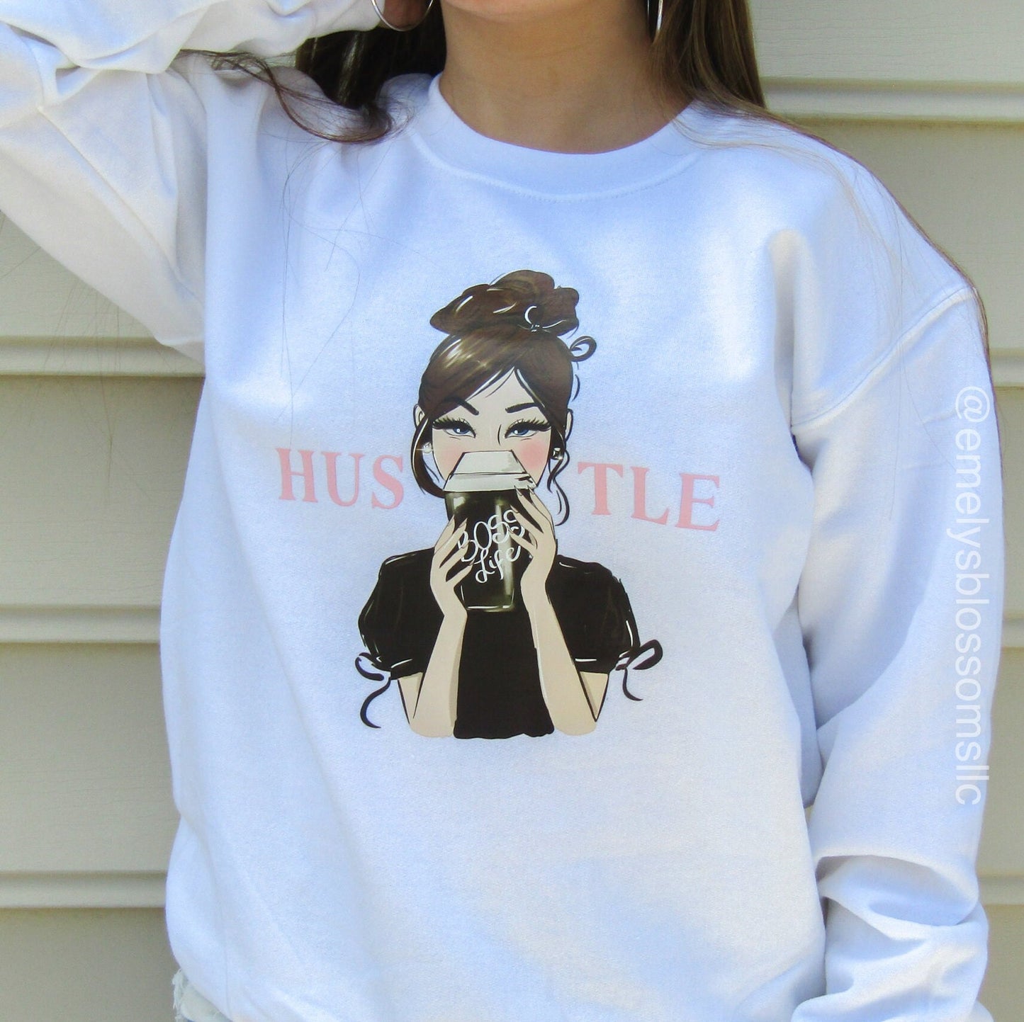 Brunette Boss girl Crewneck | Cute Crewneck | Boss babe | Coffee cup and boss girl top |  Woman | Boss life | Brunette girl | Brunette Bun