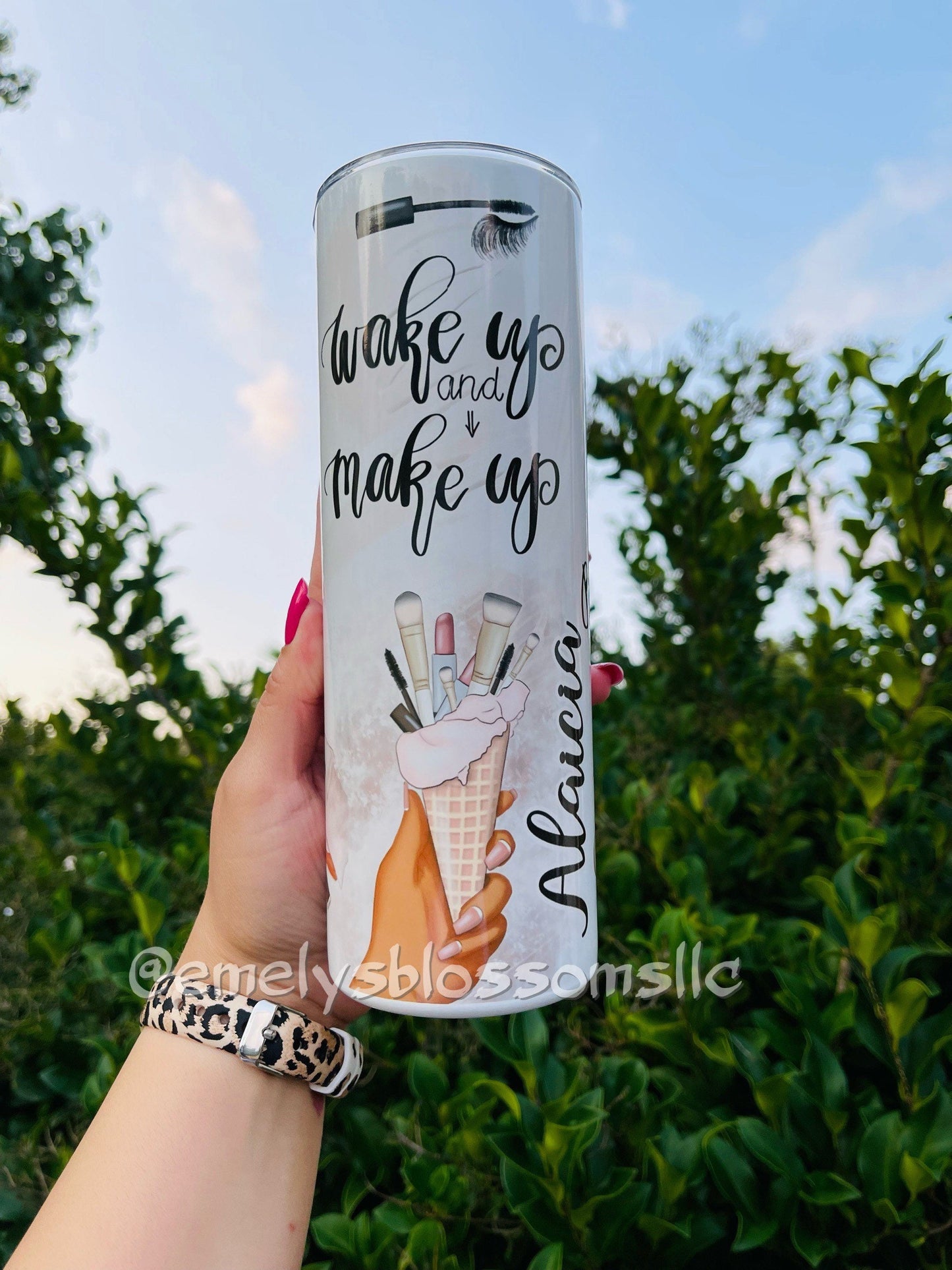 Wake up & Make up Tumbler | Cute makeup  tumbler | Stainless steel tumbler with straw | Makeup Tumbler | Pink |Melanin girl