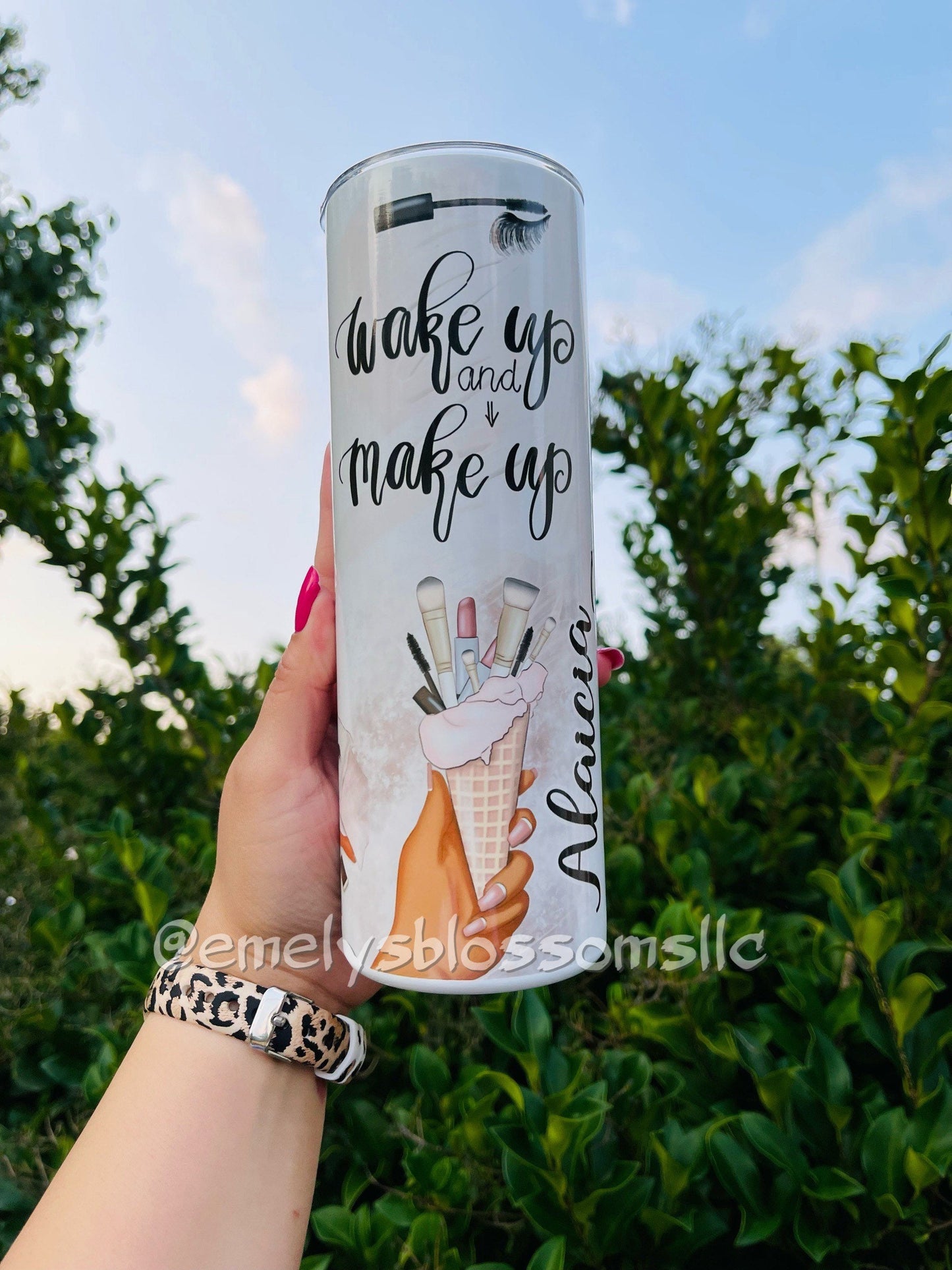 Wake up & Make up Tumbler | Cute makeup  tumbler | Stainless steel tumbler with straw | Makeup Tumbler | Pink |Melanin girl