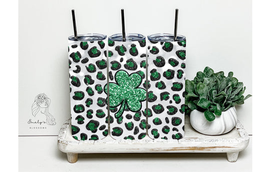 Cheetah Print Green Four Leaf Clover tumbler| St.Patrick's Day tumbler | Lucky Tumbler | Green clover cup